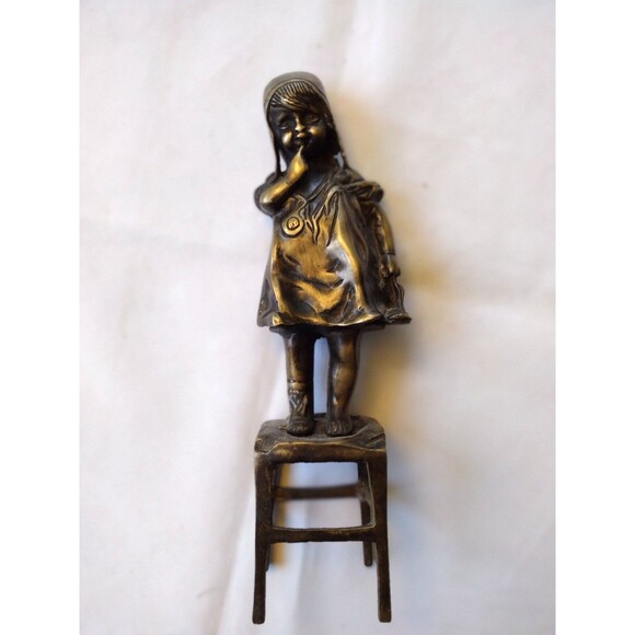 Set of Two (2) Doorstops 11" Girls Standing On Chair Bronze Statues Juan Clara - Picture 1 of 16